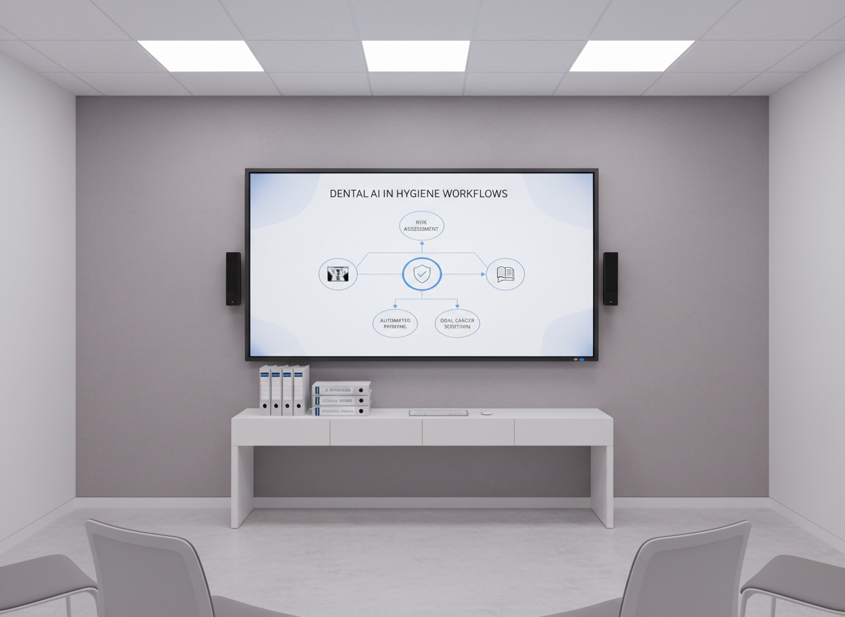 A serene training room setting with a large interactive digital whiteboard dominating the center, displaying a structured flowchart of dental AI in hygiene workflows, including icons for radiographs, risk assessment, and patient education. The whiteboard sits against a soft gray wall with a subtle texture, and a streamlined white console below holds an array of neatly stacked reference binders and a sleek wireless keyboard. Overhead, diffused panel lighting creates an even, shadow-free illumination that feels bright but not harsh. The photographic composition is slightly wide-angle, capturing the full training station with clean lines and negative space, conveying clarity, professionalism, and a forward-thinking approach to educating hygienists about AI in a calm, modern environment.