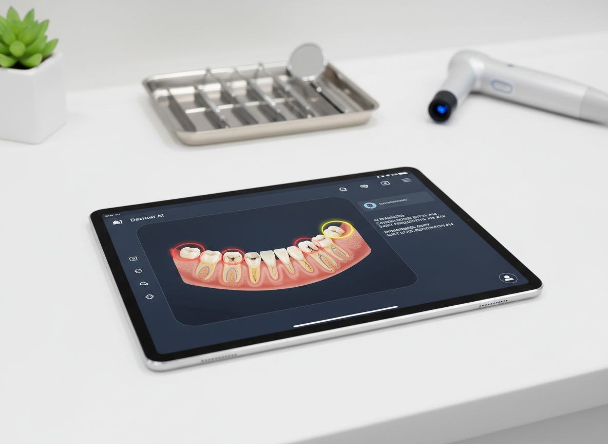 A close-up, photographic view of a modern dental AI interface displayed on an ultra-thin, matte-finished tablet resting on a spotless white countertop. The screen shows a full-mouth digital chart with each tooth rendered in high detail, highlighted zones of concern, and concise AI-generated notes in crisp typography. In the background, slightly out of focus, sit neatly organized dental tools, a digital intraoral scanner, and a small potted plant adding a hint of green. Soft studio lighting from the left creates gentle highlights on the tablet edge and subtle shadows on the counter, giving a clean, modern, and trustworthy atmosphere. The composition follows the rule of thirds, emphasizing the tablet as the intelligent hub of clinical decision support.